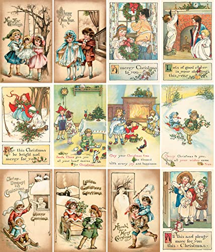 Image of PIXILUV CHRISTMAS ACITIVITIES (Pack of 12) Notecards Small Greeting Cards # Vintage Children Having Fun with Christmas Cheer ~ Vintage Christmas Postcards Reprint