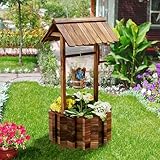 Aoxun Wooden Wishing Well Planter with Hanging Bucket for Flower and Plants, Planter Indoor and Outdoor, Home Decor for Patio Garden, Brown