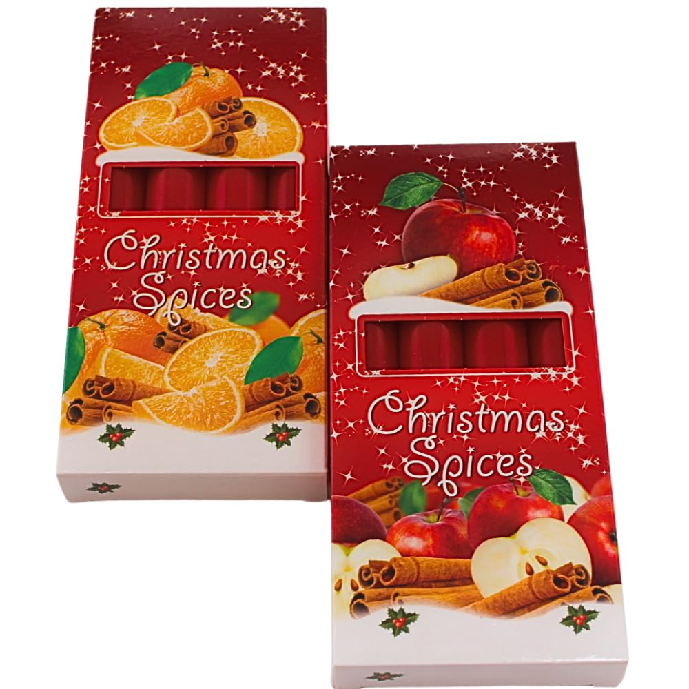 Velas aromáticas, velas de mesa, velas decorativas, velas de varilla, velas con aroma navideño, contenido: 8 unidades, aroma de manzana de canela y naranja canela en rojo, tamaño: H/Ø aprox. 17 x 2