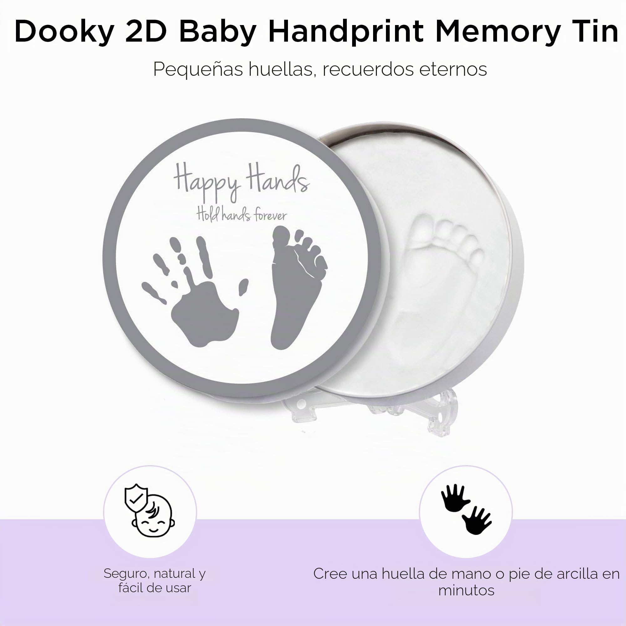 Dooky Happy Hands 2D Handprint Set para recordar la mano o la huella de un bebé (en una práctica caja de aluminio, que incluye pasta de modelar respetuosa con la piel y caja de aluminio)
