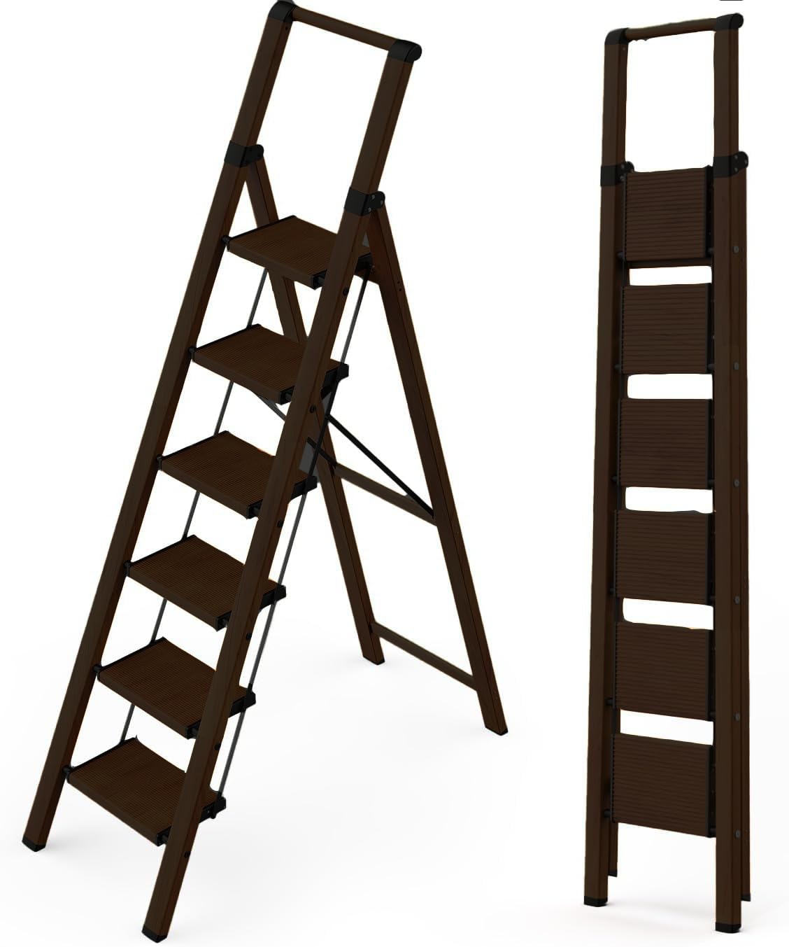 Foldable Aluminium Ladder for Home Office Use | Anti-Slip Wide Steps | Lightweight & Portable | 150kg Capacity | Coffee (6 Step with Handrail)-image-46