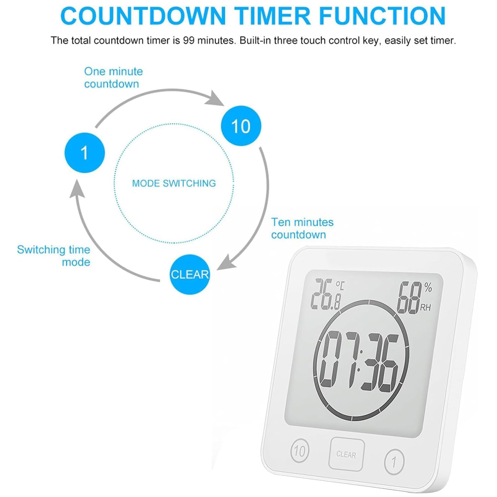 Reloj de Ducha Digital Con Termómetro, IP24 Resistente, Temporizador de Alarma Para Baño Con Higrómetro, Gran Pantalla LCD, Timer de Cocina