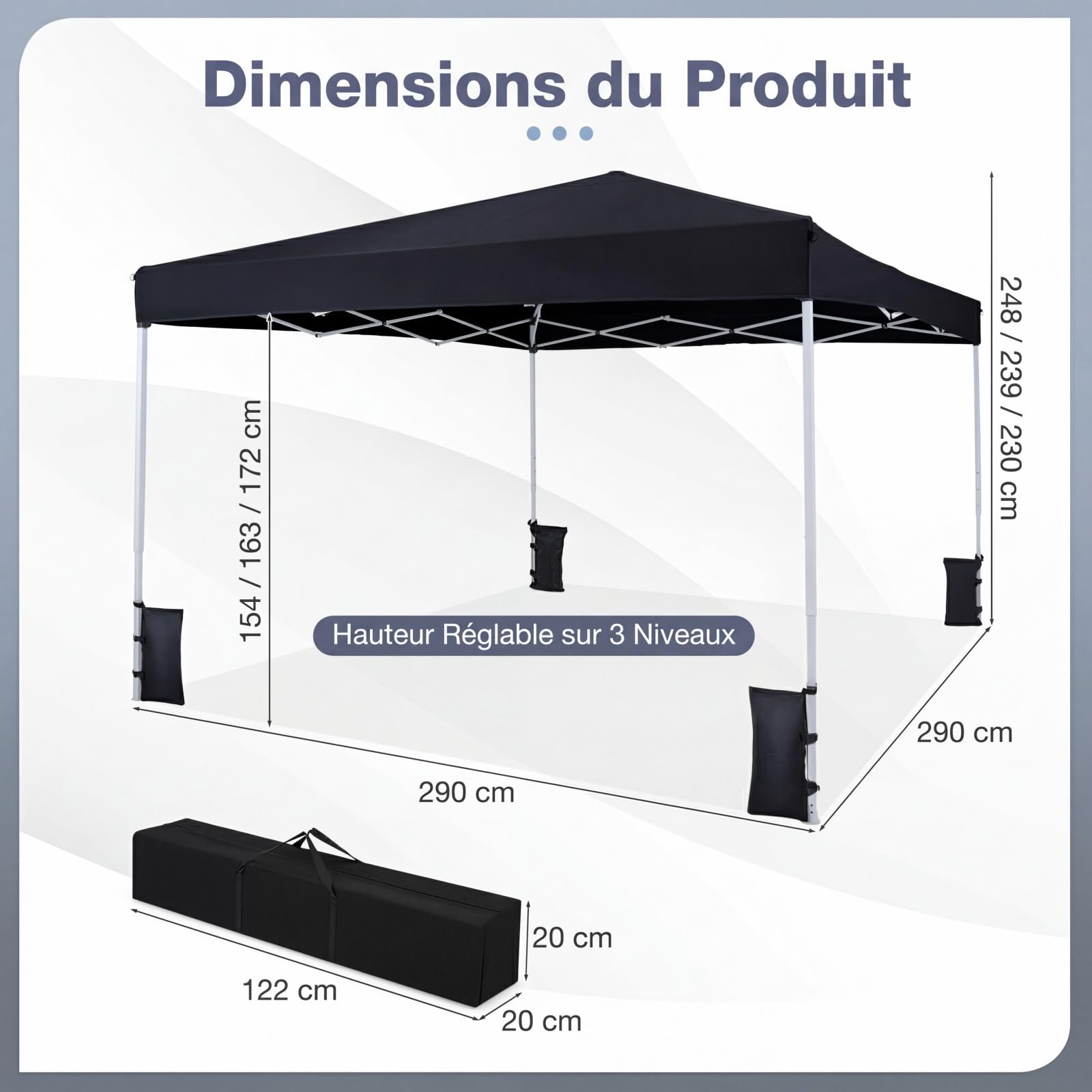 COSTWAY Tonnelle Pliante 3x3 m, Tonnelle de Jardin Pop Up, Sac de Transport, Structure Métallique, 8 Piquet de Tente, 4 Sacs de Sable, Barnum Pliant Exterieur, pour Camping Fête (Noir)