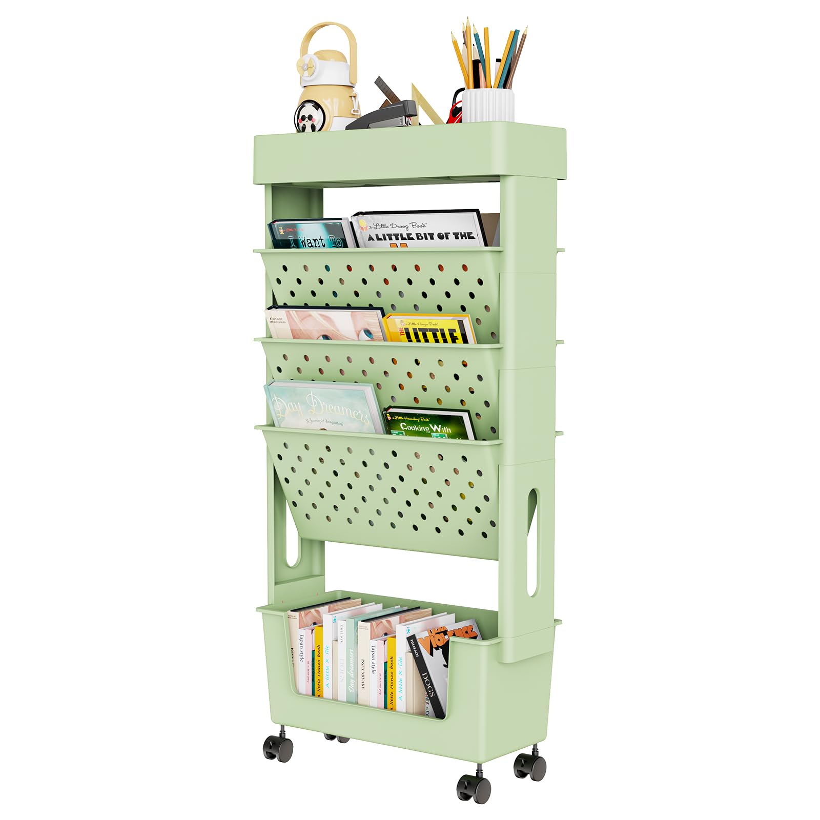 5 Tier Rolling Utility Cart Mobile Bookshelf Cart with Wheels, Movable Book Case Document Files Storage Cart, Slim Rolling Storage Book Cart for School,Bedroom,Classroom,Office,Library,Kids Room