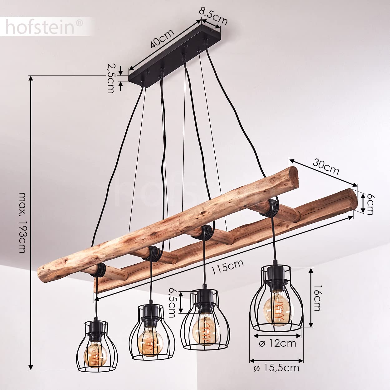 Lampada a sospensione Gondo, lampada allungata in metallo/legno in nero/legno, lampada a soffitto a 4 luci, paralumi a reticolo, regolabile individualmente, altezza massima 193cm, E27, senza lampadine
