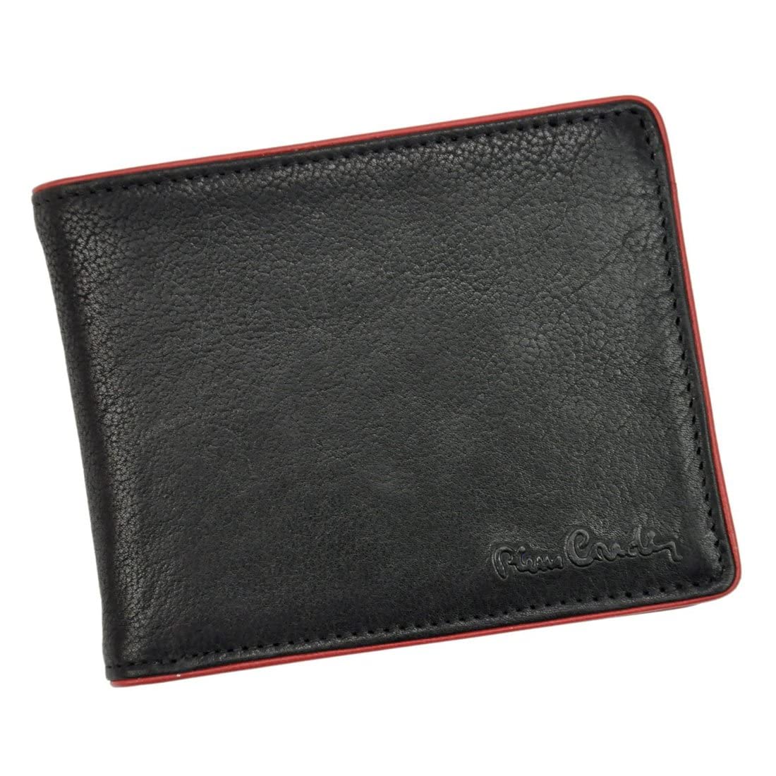 Pierre Cardin TUMBLE 324 Klasyczny portfel męski Pełnoziarnisty Skórzany przegródka na banknoty 6 miejsc na karty Kieszeń na monety 12,5 x 9,5 x 2 cm Poziome czarno-czerwone wykończenia