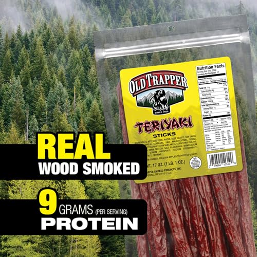 Image of Old Trapper Teriyaki Snack Sticks, 17-Ounce Resealable Bag, Natural Wood Smoked Meat Sticks, 9 Grams of Protein and 150 Calories per Ounce (Pack of One)