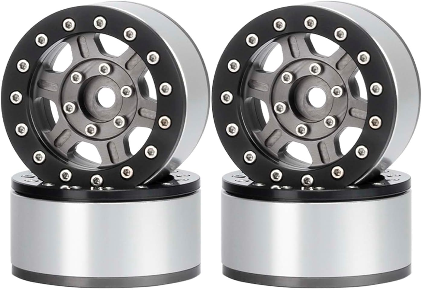 4PCS 1.55 inch Metal Beadlock Wheels Rim Hub RC Aluminum Alloy Wheel Replacement for 1:10 RC Rock Crawler Car for Axial 90069 D90 TF2 Tamiya CC01 MST JIMNY Parts (Black Gray)