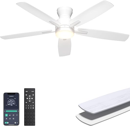 Ohniyou Ceiling Fans with Lights, 52'' Low Profile Ceiling Fan with Light and Remote/APP Control, Modern Flush Mount Ceiling Fan for Indoor Bedroom Living Room, Dimmable, Quiet DC Motor, White