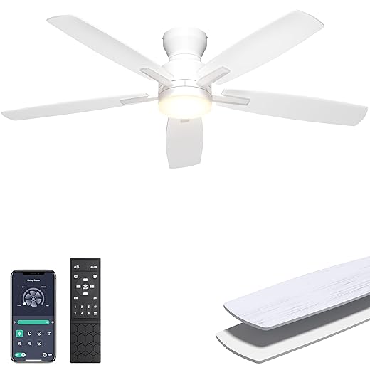 Ohniyou Ceiling Fans with Lights, 52'' Low Profile Ceiling Fan with Light and Remote/APP Control, Modern Flush Mount Ceiling Fan for Indoor Bedroom Living Room, Dimmable, Qiuet DC Motor, White