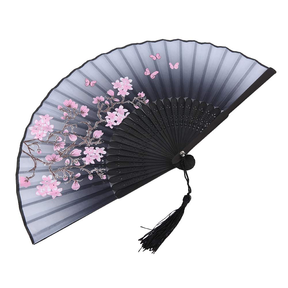 Cyrank Hand Held Folding Fans, Floral Folding Hand Fans Handheld Paper Folding Fan with Tassel Vintage Hollowed Hand Holding Fan for Dance Props Home Decoration(Gray)