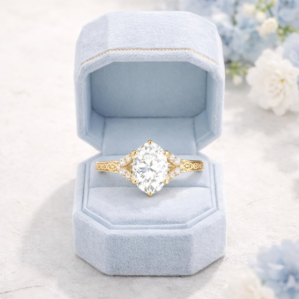 Engraved Oval Cut Moissanite Engagement Ring 18K Yellow Gold Cluster CZ Diamond Wedding Jewelry Art Deco Floral Promise Gift Ring