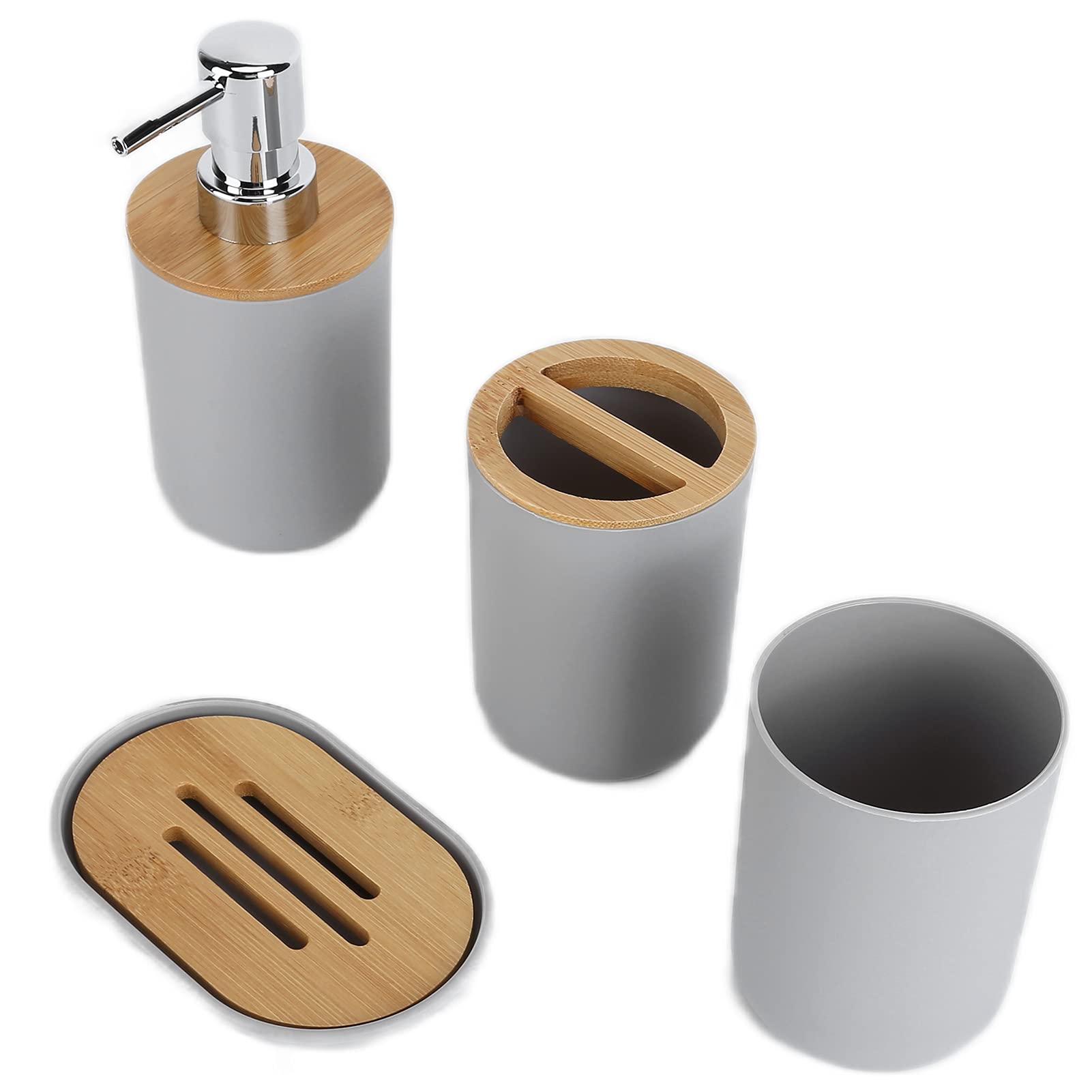 Set di 4 accessori da bagno in bambù: portaspazzolino impermeabile, porta sapone, dispenser per lozione e bicchiere per il colluttorio; set da bagno dal design moderno e liscio, (Grigio)
