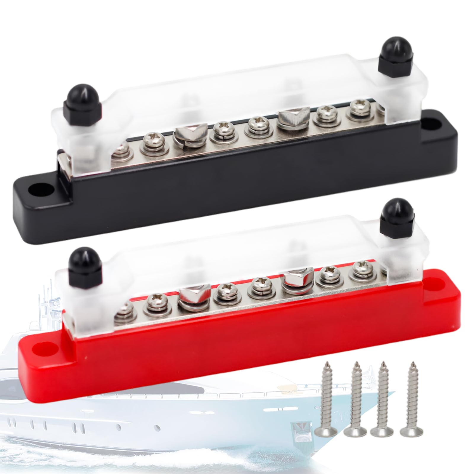 2 sztuki szyn zbiorczych 12 V-48 V DC szyna zaciskowa (czerwona i czarna) | Blok rozdzielczy listwa zaciskowa 150 A z pokrywą 6 x M4 i 4 x M6 bolce zaciskowe do samochodów ciężarowych, jachtów, łodzi
