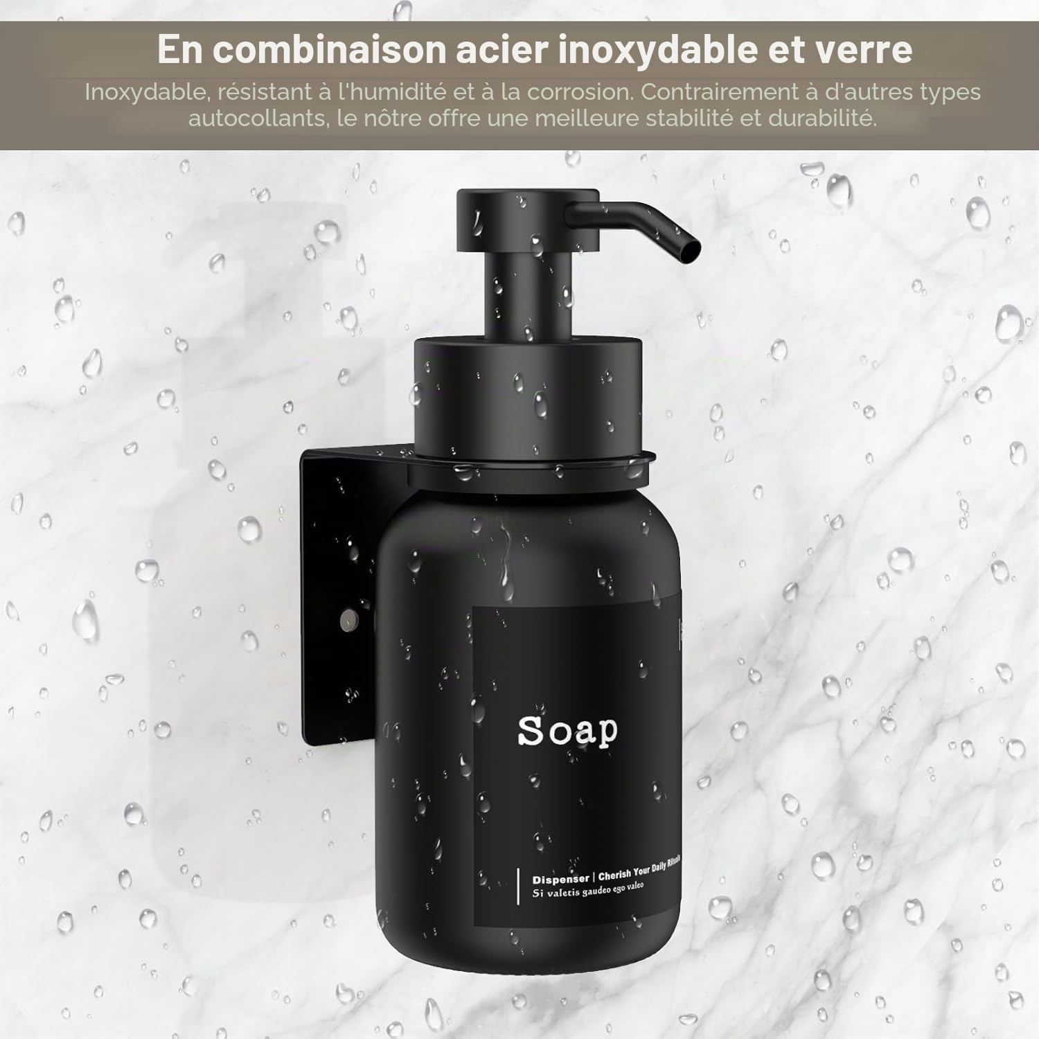 Lot de 2 distributeurs de Savon Mural - Noir - en Verre - 250 ML - Distributeur de Savon Mural à Coller ou à percer - sans perçage - Distributeur de Savon Liquide pour shampoing, Gel Douche
