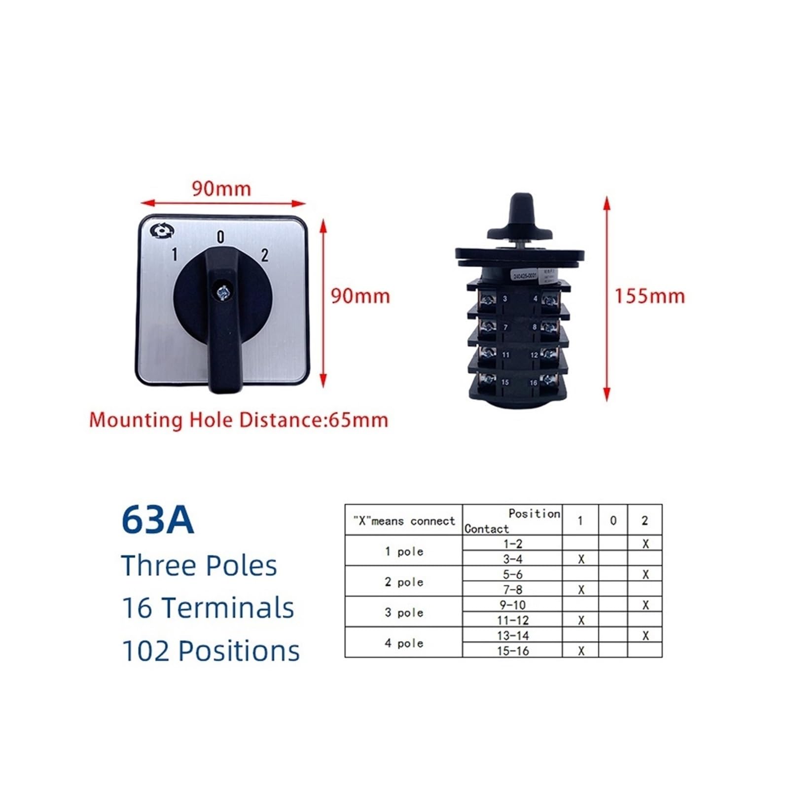 Interruptor de Leva Giratorio YMW27-32A/63A, Encendido, Apagado, Encendido, Tres Posiciones, 1 a 3 Polos, selector de Cambio de Contacto Plateado(63A 4 Poles)