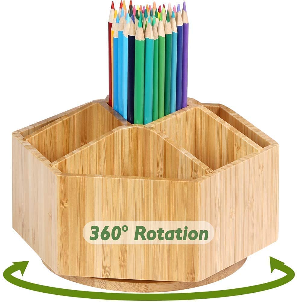 1 Pack + 2 Pack Bamboo Rotating Art Supply Organizer, 7 Sections, Hold 350+ Pencils, School Supplies Organizer for Pen, Colored Pencil, Desktop Storage Box in Classroom & Art Studio