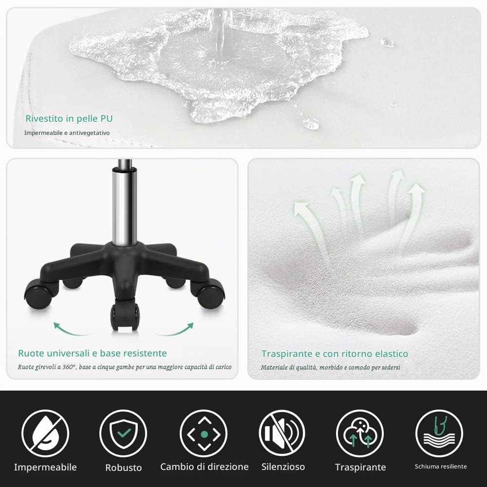 FURWOO Sgabello girevole esagonale altezza regolabile con ruote per Spa Salon Massage Bianco