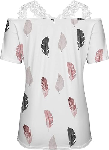 Miniatura 5 de Cold Shoulder Tops for Women 2023 Summer Short Sleeve Lace V Neck T Shirts Elegant Casual Floral Printed Blouse Tunics