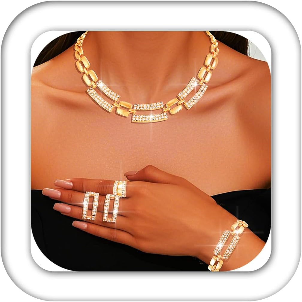 Aukmla Gold Prom Jewelry Set Sparkly Rhinestone Choker Bridal Necklace Earrings Bracelet Ring Sets for Women