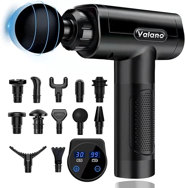 Massage Gun Deep Tissue, Percussion Muscle Massager with 30 Speeds, Quiet Handheld Massagers for Athletes Shoulder Neck Back Relaxation, LCD Touch Screen with 12 Heads