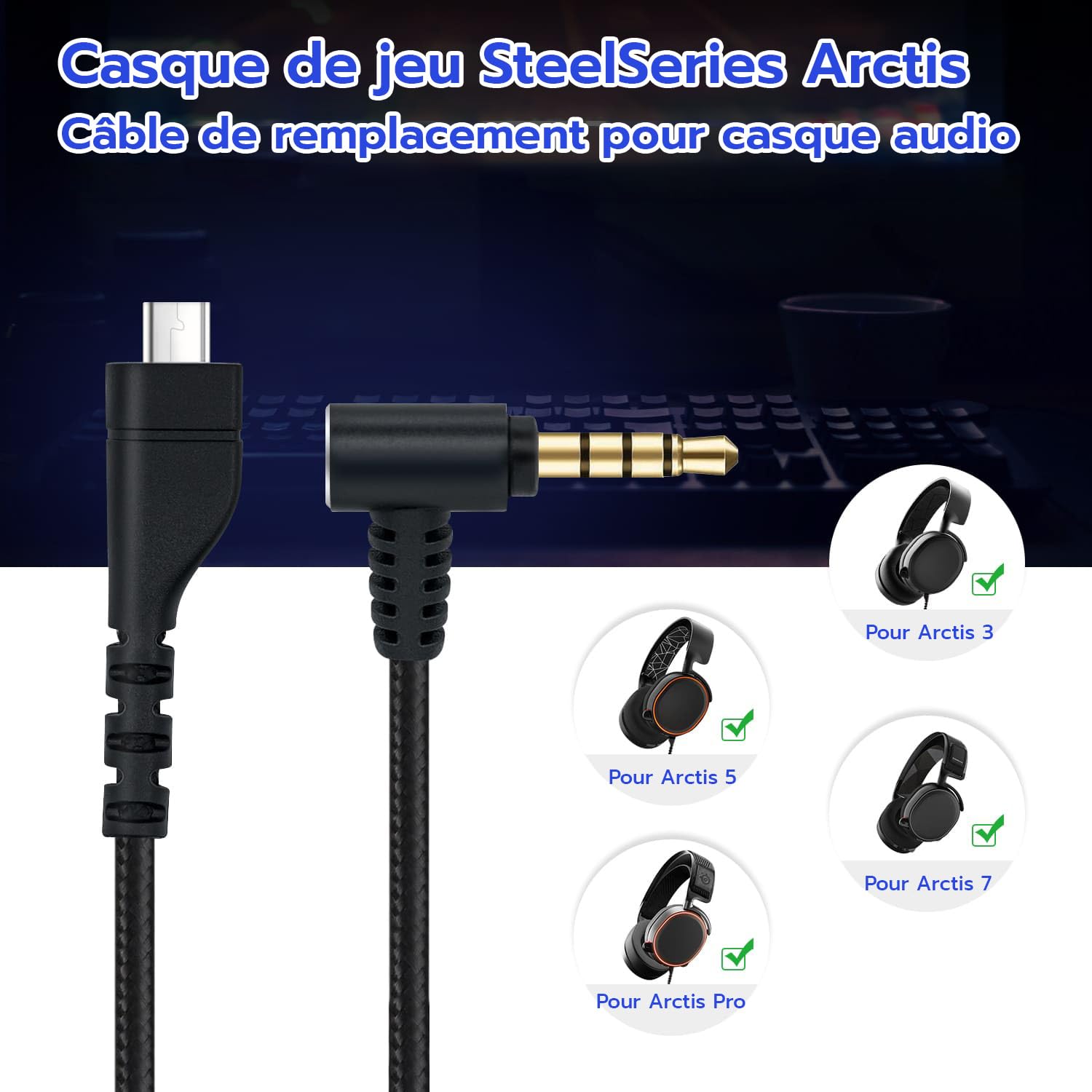 Mcbazel Arctis Remplacement du Câble du Casque Câble Audio de Rechange pour Casque de Jeu SteelSeries Arctis 7/Arctis 5/Arctis 3/Arctis Pro - Câble Audio en Nylon - 2 m (noir)