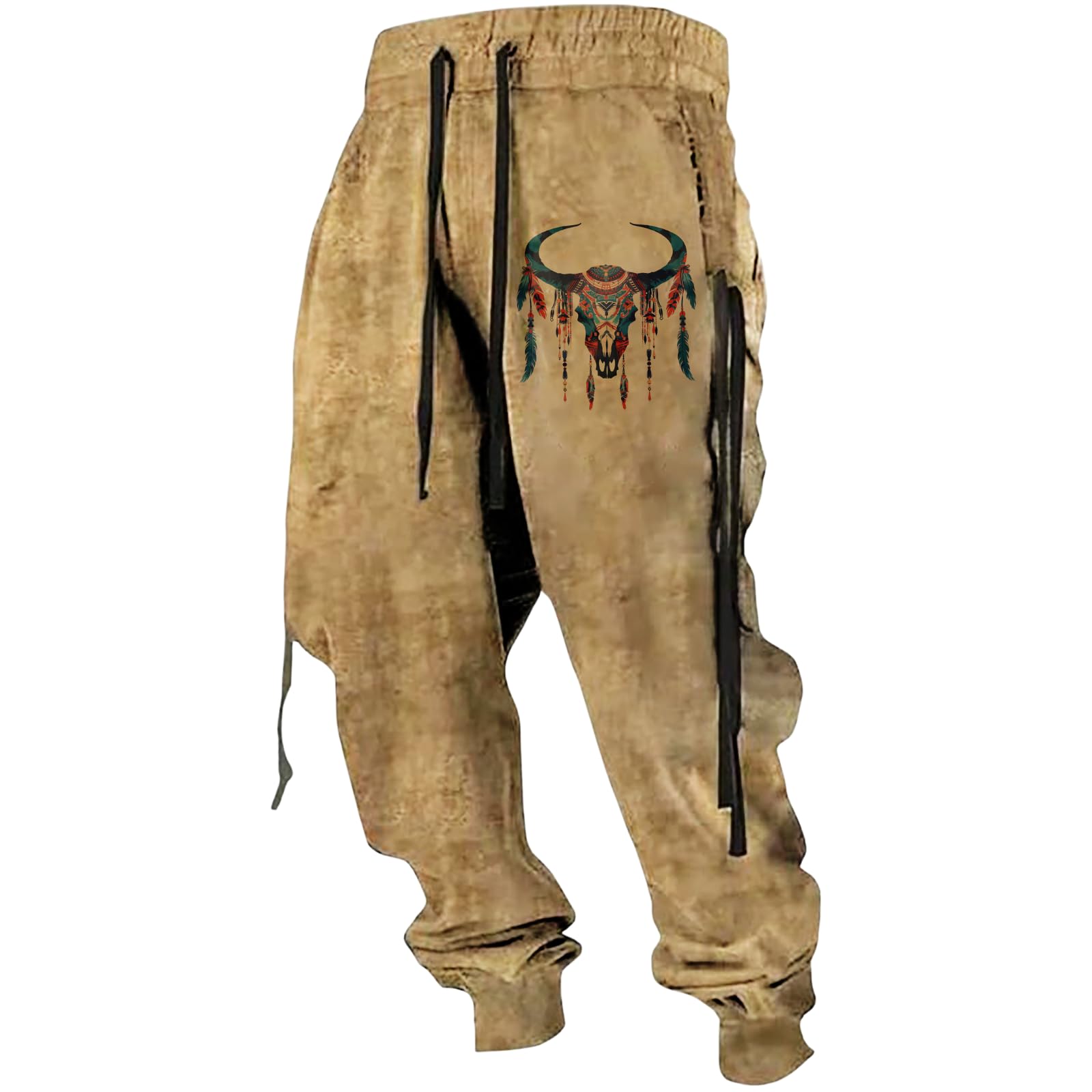 LOAIHA Mens Beige Aztec Cowboy Graphic Sweatpants - Casual Workout Trousers - Small S