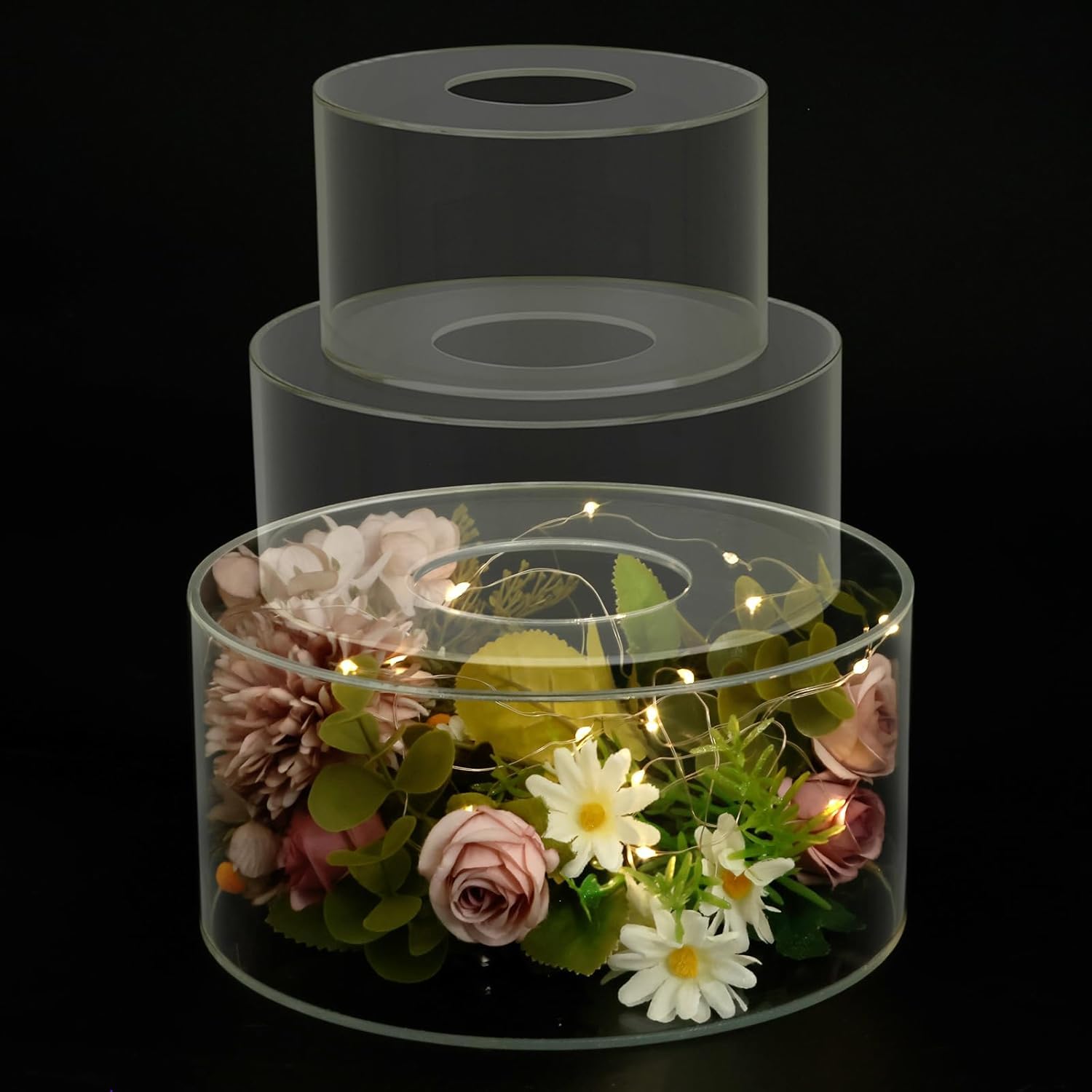 Nihuifdpy 15Cm+20Cm+25Cm 3Pcs Fillable Cake Stand Clear Acrylic Cake Riser With String Light Stackable Centerpiece Cupcake Display Boxes Decorative For Wedding Baby Shower Birthday(15Cm+20Cm+25Cm)