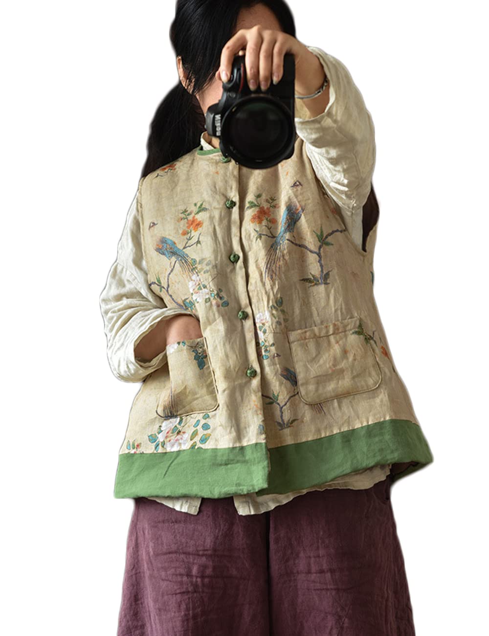 NFYM Veste matelassée légère en coton et lin imprimé printemps et automne Manteau rembourré vintage pour femme