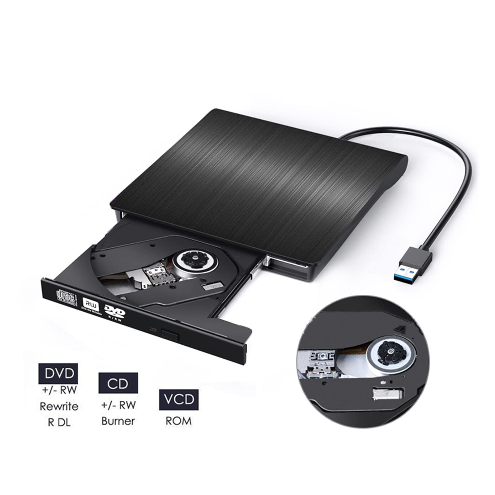 Zewnętrzny CD DVD. Napędzać przenośne USB 3.0 CD/DVD Gracz z konwerterem typu C Przenośny(Nero)
