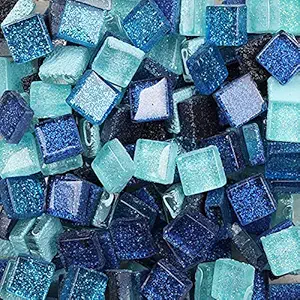 Mosaic Tiles for Crafts Assorted Color Glass Glitter Mosaic Supplies Pieces Bulk Square Square 1x1 cm, 200 Pieces/200g (Blue Mix)