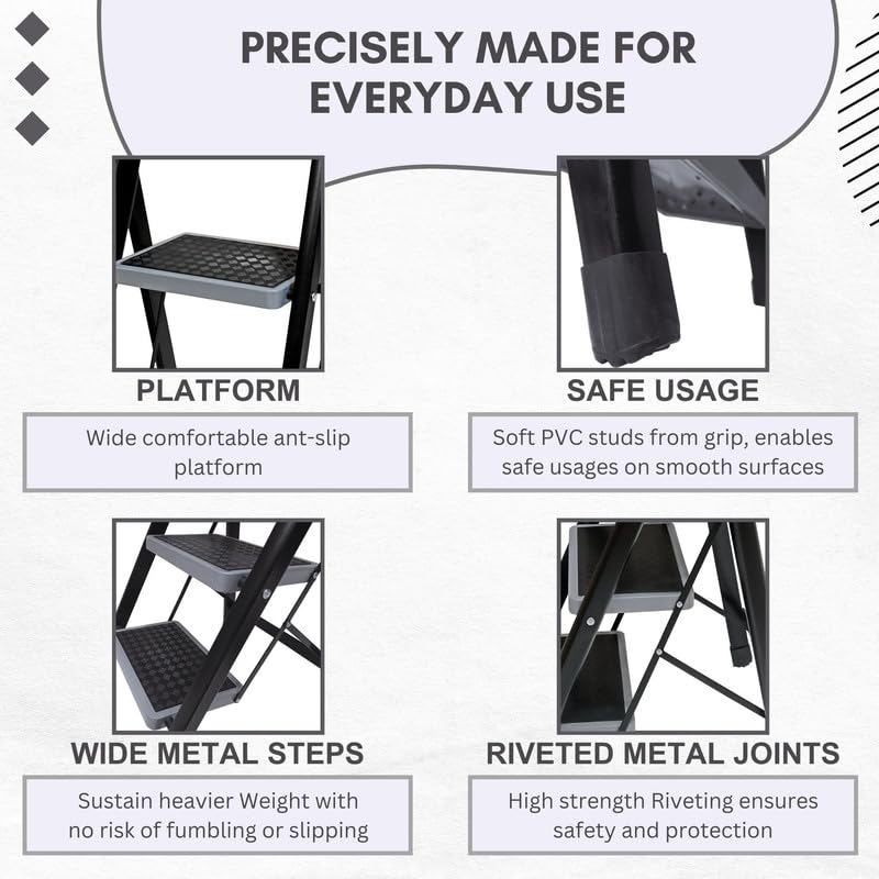 Image of TNT The Next Trend 4 Step Steel Step-Ladder for Home | Heavy Duty Foldable Ladder with Wide Ant-Slip Steps and Anti-Skid Shoes - Black