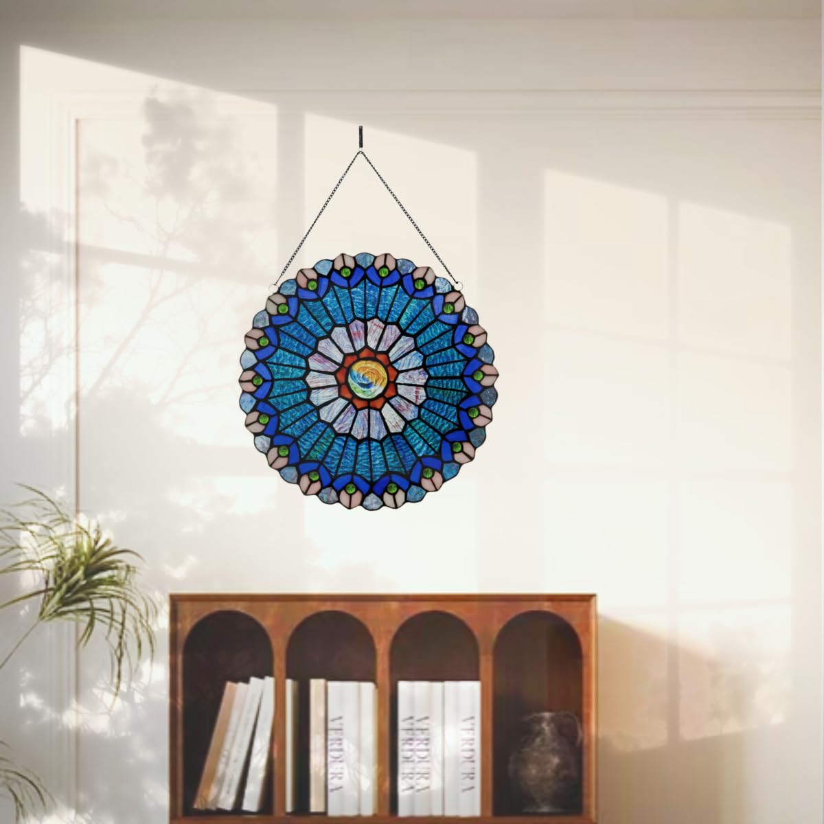 Mini-Fensterbehang im Tiffany-Stil, 30,5 cm, handgefertigt, grüne Blumen-Sonnenfänger für Fenster oder Wand, Blau und Rot