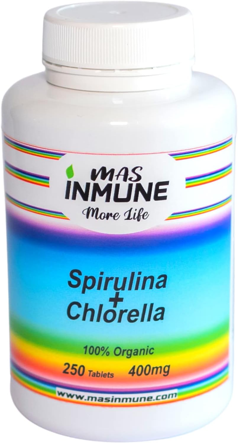 Espirulina + Chlorella Orgánica - 250 Comprimidos - Fuente de Vitaminas y Proteínas - Efecto Saciante - Energía - Detox - 100% Vegetal