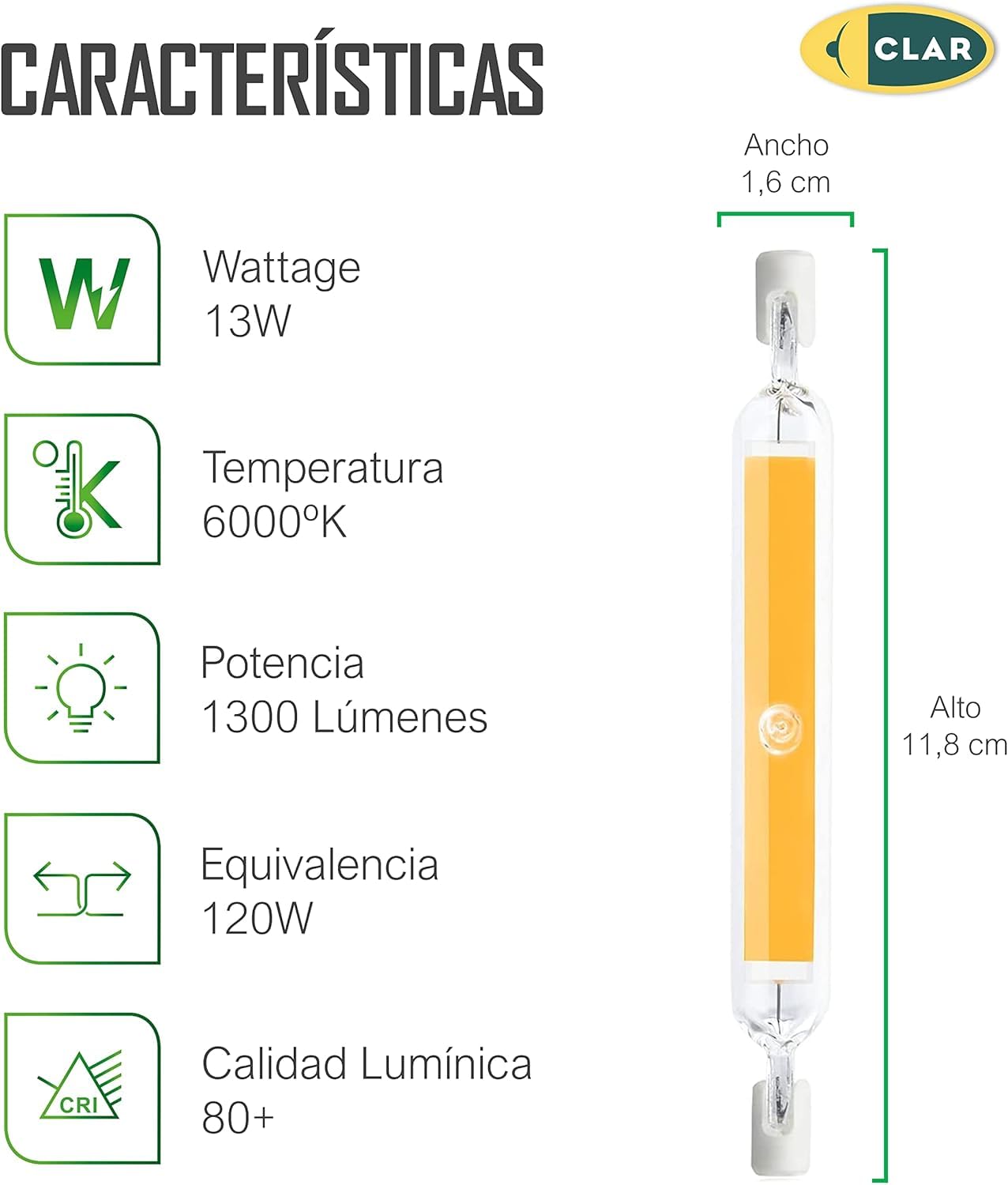 CLAR - R7S LED 118mm, Lampara Lineal LED, Bombilla LED Alargada, 13W 3000ºK (Pack 50)