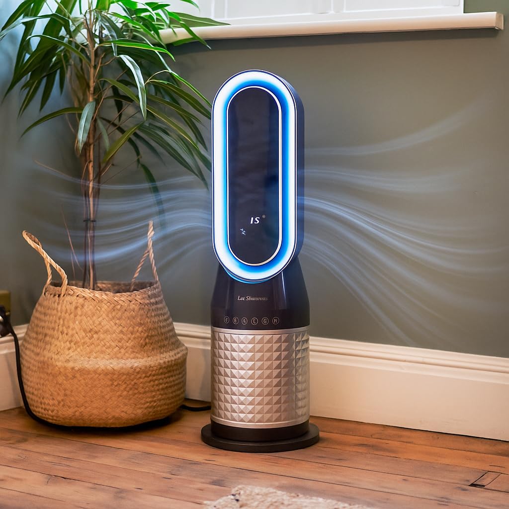 JSH Bladeless Heating Fan | Oscillating 2000W Tower Air Fan Heater with Remote Control | 2 Heating Modes & Neutral Mode | 12 Hour Timer | Quiet Energy Efficient DC Motor | LED Light