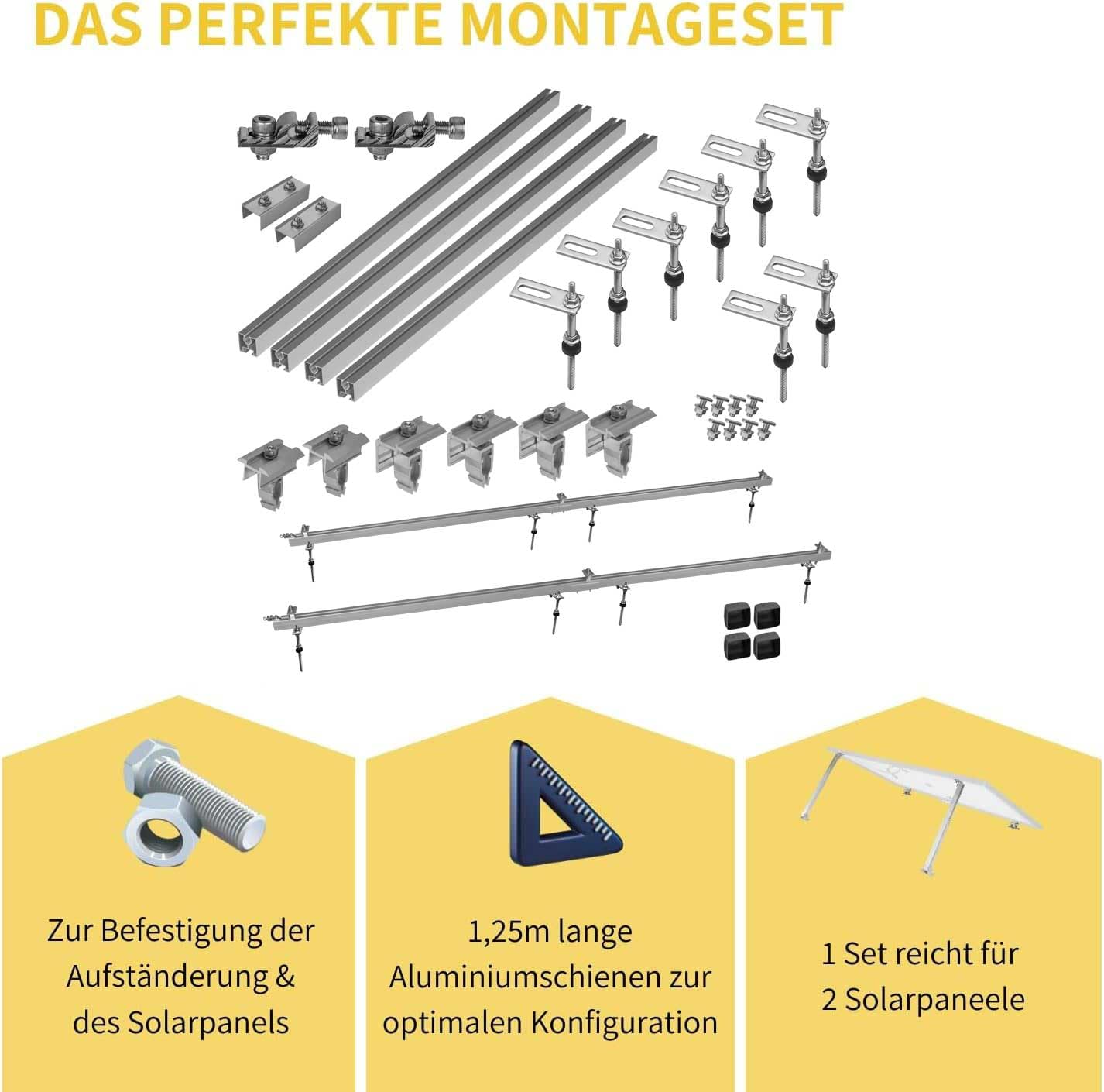 PV Halterung Blechdach Montageset – Balkonkraftwerk – inkl. 200 mm Stockschrauben M10, EPDM-Dichtung, 1,25 m Aluschienen & Modulhalter – für Trapez- & Wellblech
