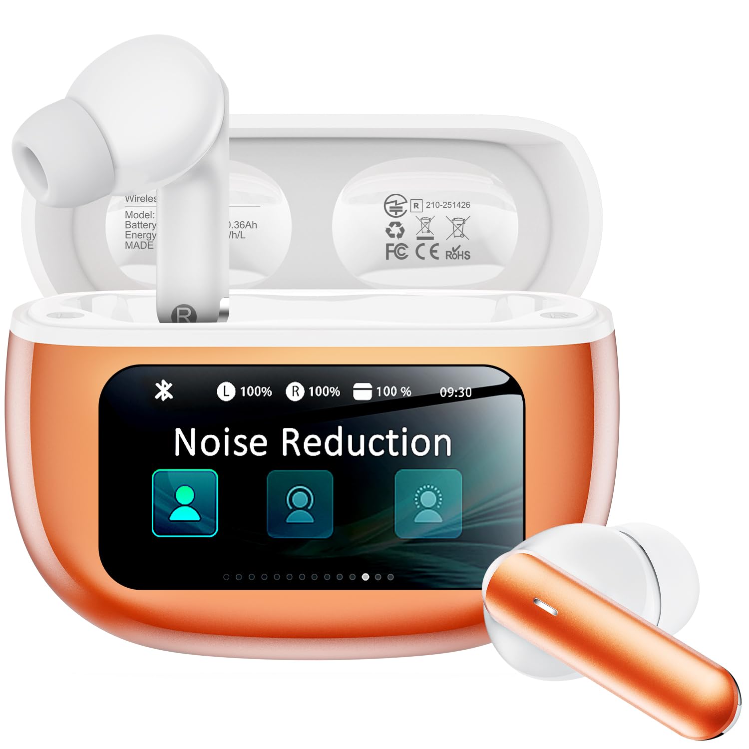 Wireless Earbuds with Smart Touchscreen Case, Bluetooth 6.0 Ear Buds with AI Noise Cancelling Calls, 40H Playtime Stereo Headphones, IPX7 Waterproof Earbuds for Workout, Travel, iPhone,Android,Orange