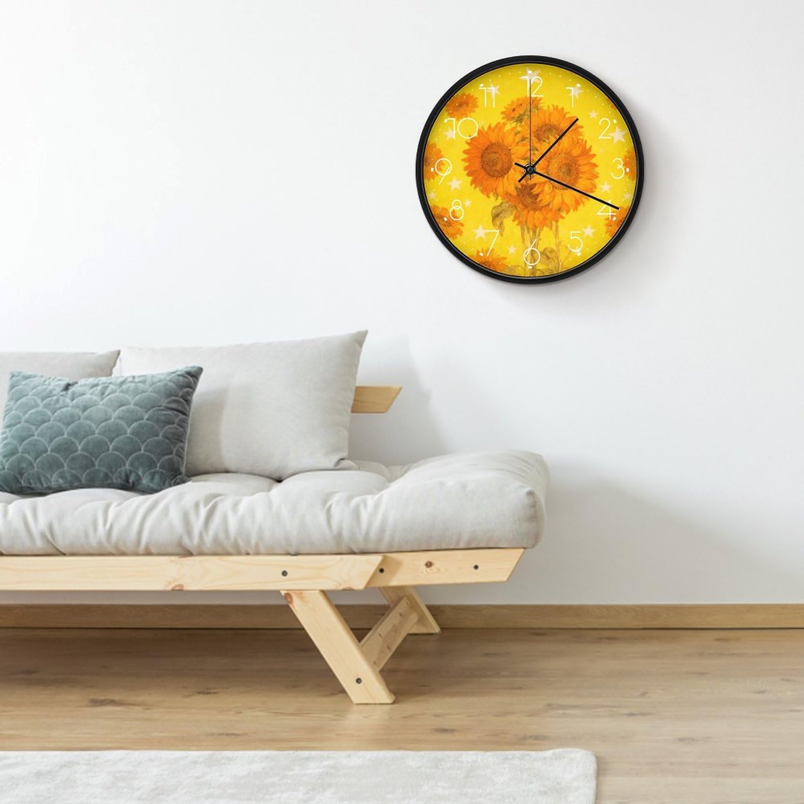 VIDI Horloge murale à motif tournesol et étoiles, horloge murale silencieuse à piles, 25,4 cm, horloge analogique moderne sans tic-tac, décoration pour cuisine, bureau, salle de bain, chambre à