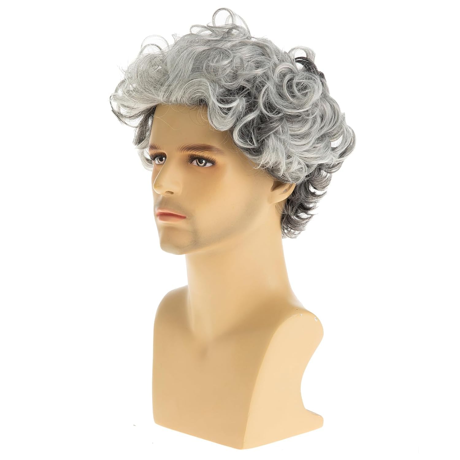 Short Culry Grey Wig for Men Short Wavy Cosplay Layered Wigs, Grey mixed White