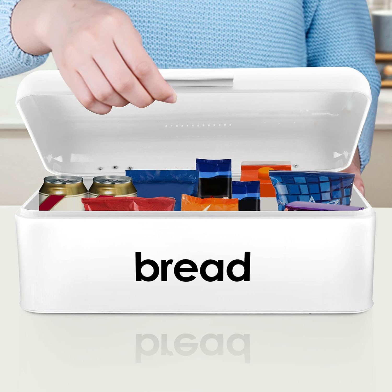 TeamFar Bread Box, White Metal Bread Box for Kitchen Countertop, Food Storage Container Bread Bin for Loaves/Pastries, Lifted Cover & Large Capacity, Modern Design & Durable, (16.5’’ x 9’’ x 6.3’’)