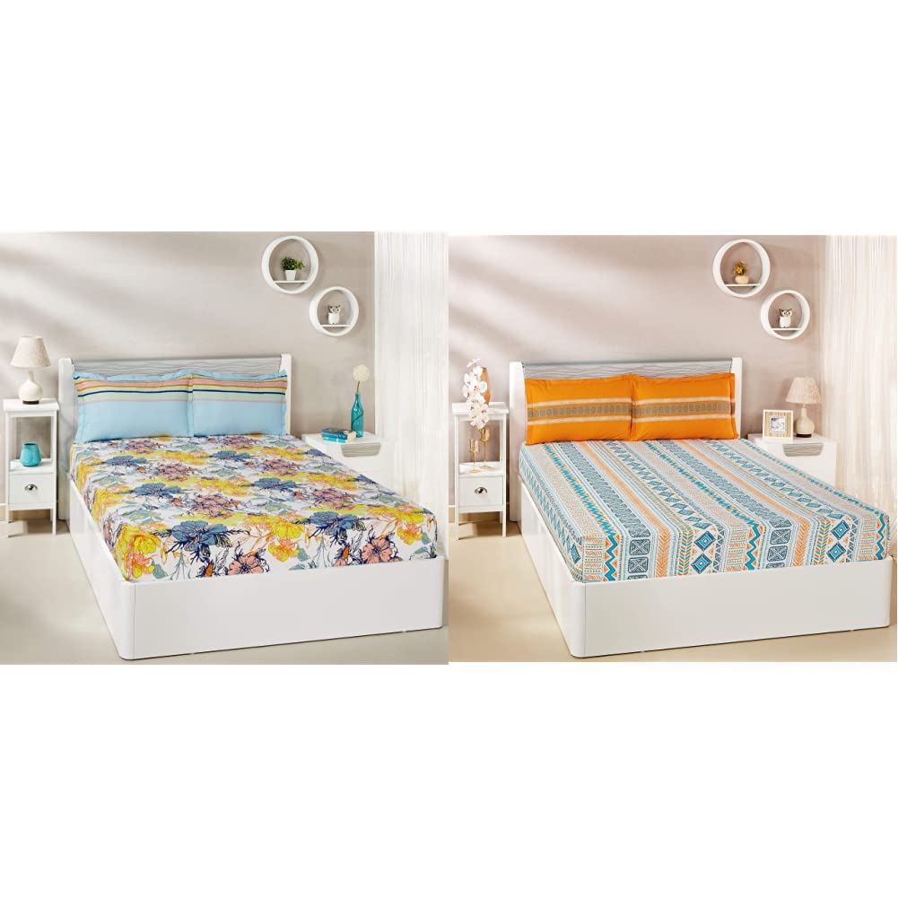 Amazon Brand - Solimo Floral Splash 144 TC 100% Cotton Double Bedsheet with 2 Pillow Covers, Peach Fuzzy Strings 144 TC 100% Cotton Double Bedsheet with 2 Pillow Covers, Orange Combo (B0B2X1MW3V) Amazon Price History, Amazon Price Tracker