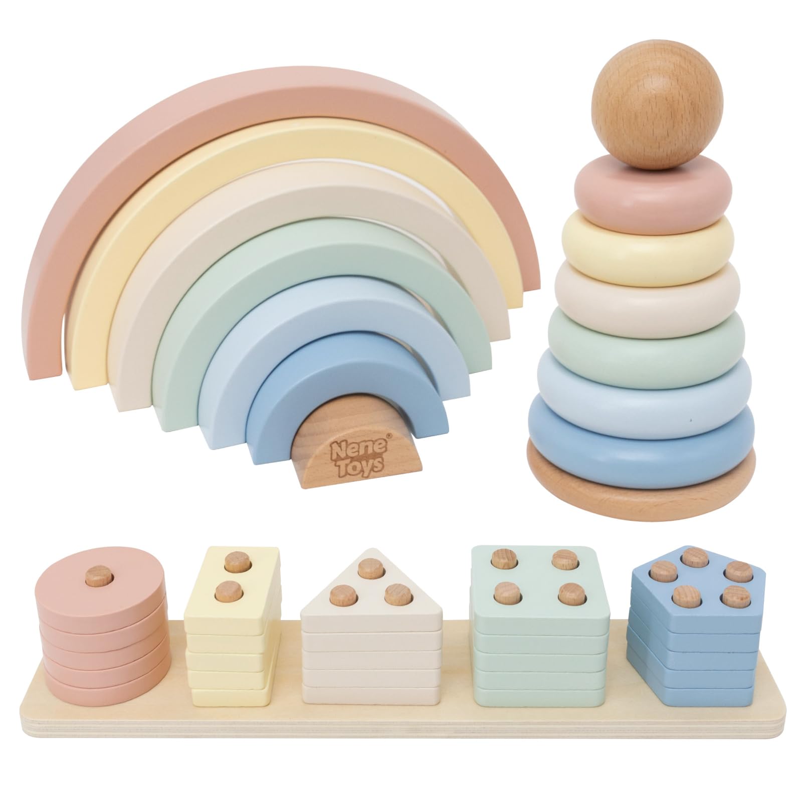 Nene Toys Montessori Wooden Toy 3-in-1 for Kids 1 Year Old - Wooden Rainbow, Stacking Tower & Interlocking Game - Educational Game 1-3 Years Old - Baby Boy Gift Idea - Pastel Colours
