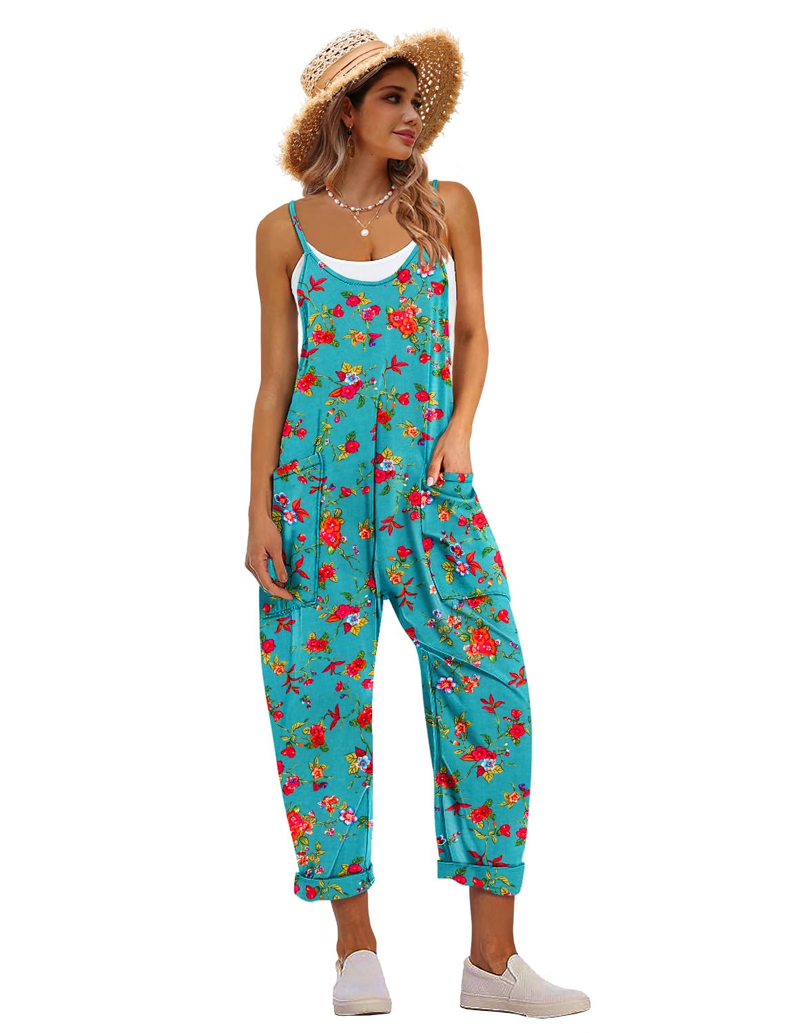 YESNO Women's Casual Floral Jumpsuits Spaghetti Straps Sleeveless Boho Summer Loose Harem Overalls Rompers with Pockets PZU