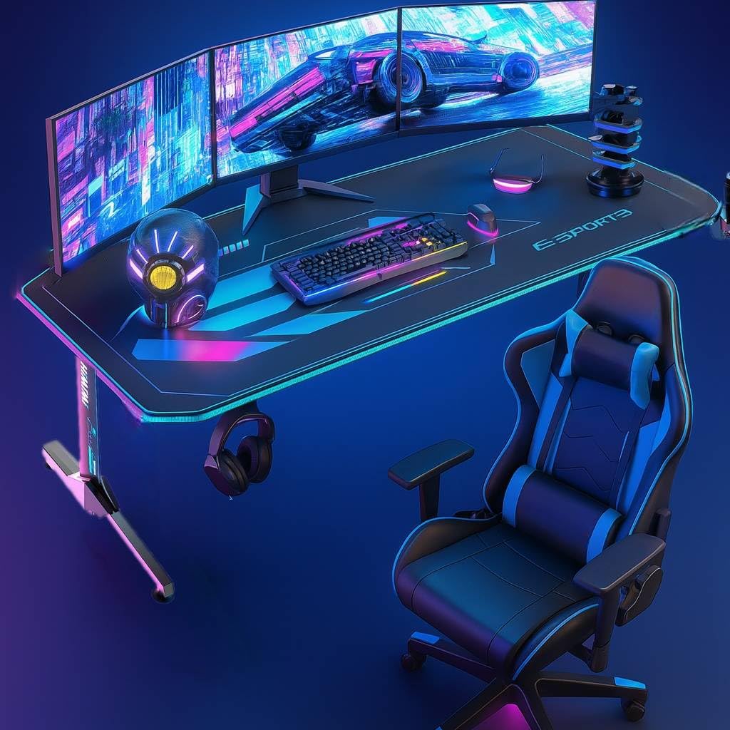 Himimi Bureau Gaming 160x75 cm, Bureau Gamer Ergonomic Informatique, Table Gaming en Fibre de Carbone, Gaming Desk pour à Domicile avec Grand Tapis de Souris Porte Gobelet Casque & Poignée de Jeu,Noir