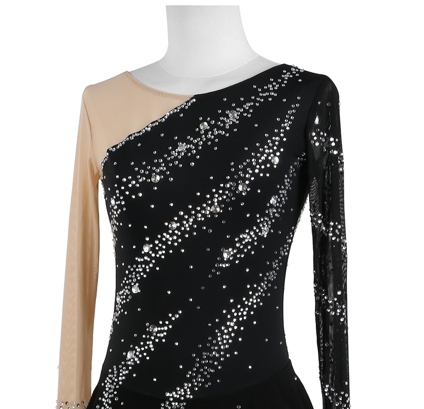 Enfant Fille Robe Patinage Artistique Femme Manches Longues à Strass et Ourlet Oblique Bleu Collant Patinage Artistique Danse Compétition Specatcle Tenue