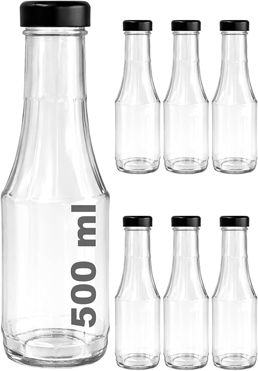 Afracam 500 ml Şeffaf Sütun Cam Şişe Meşrubat, Meyve Suyu, Süt, Ayran, Su, Limonata Şişesi 500 cc Siyah Derin Metal Kapaklı Şişe 20 Adet