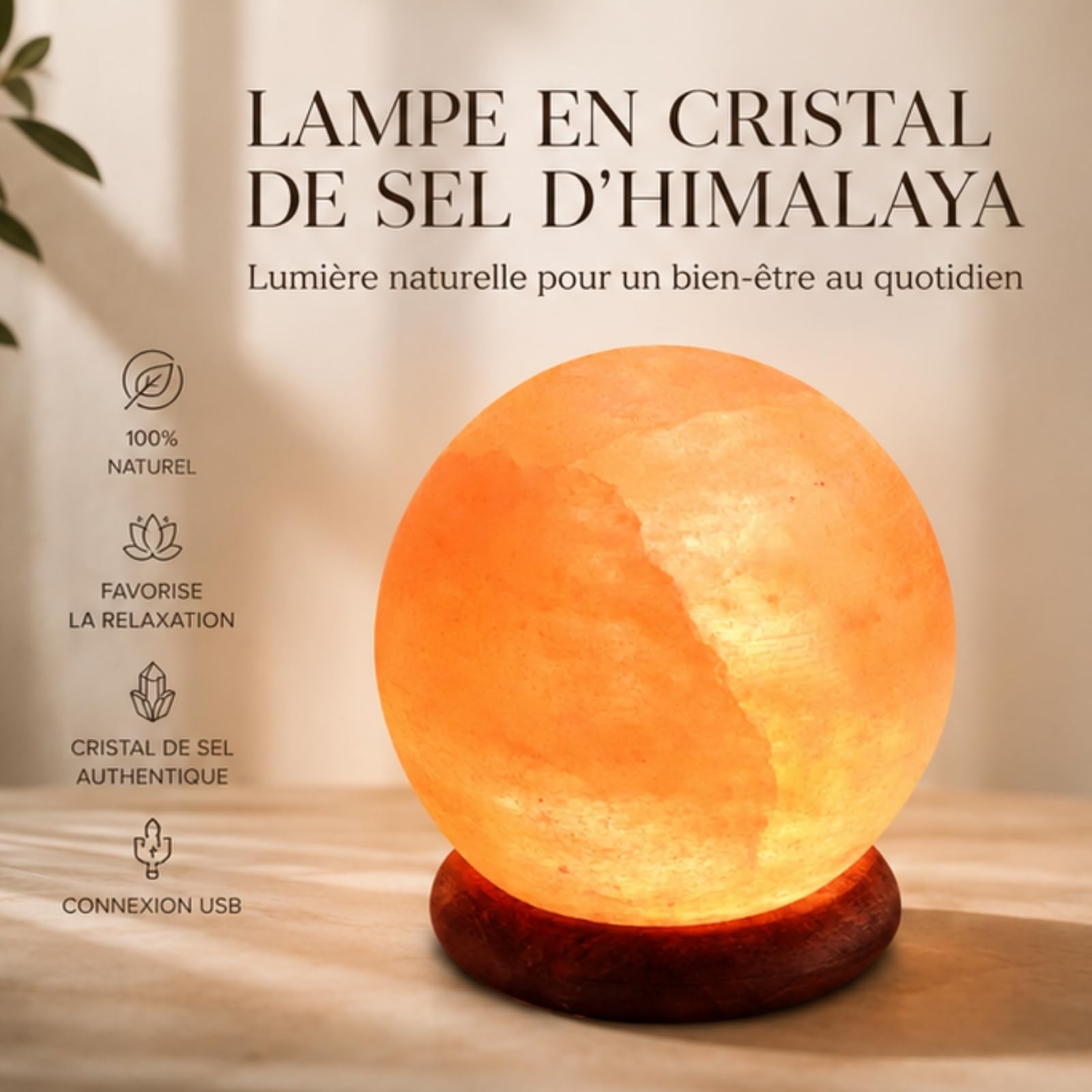 Lampe USB en Cristal de Sel d'Himalaya Naturel Sphère - 100% Authentique - Sculpté à la Main – Base en Bois – Câble Électrique USB Fourni - Environ 500g - Zen’Light, Orange