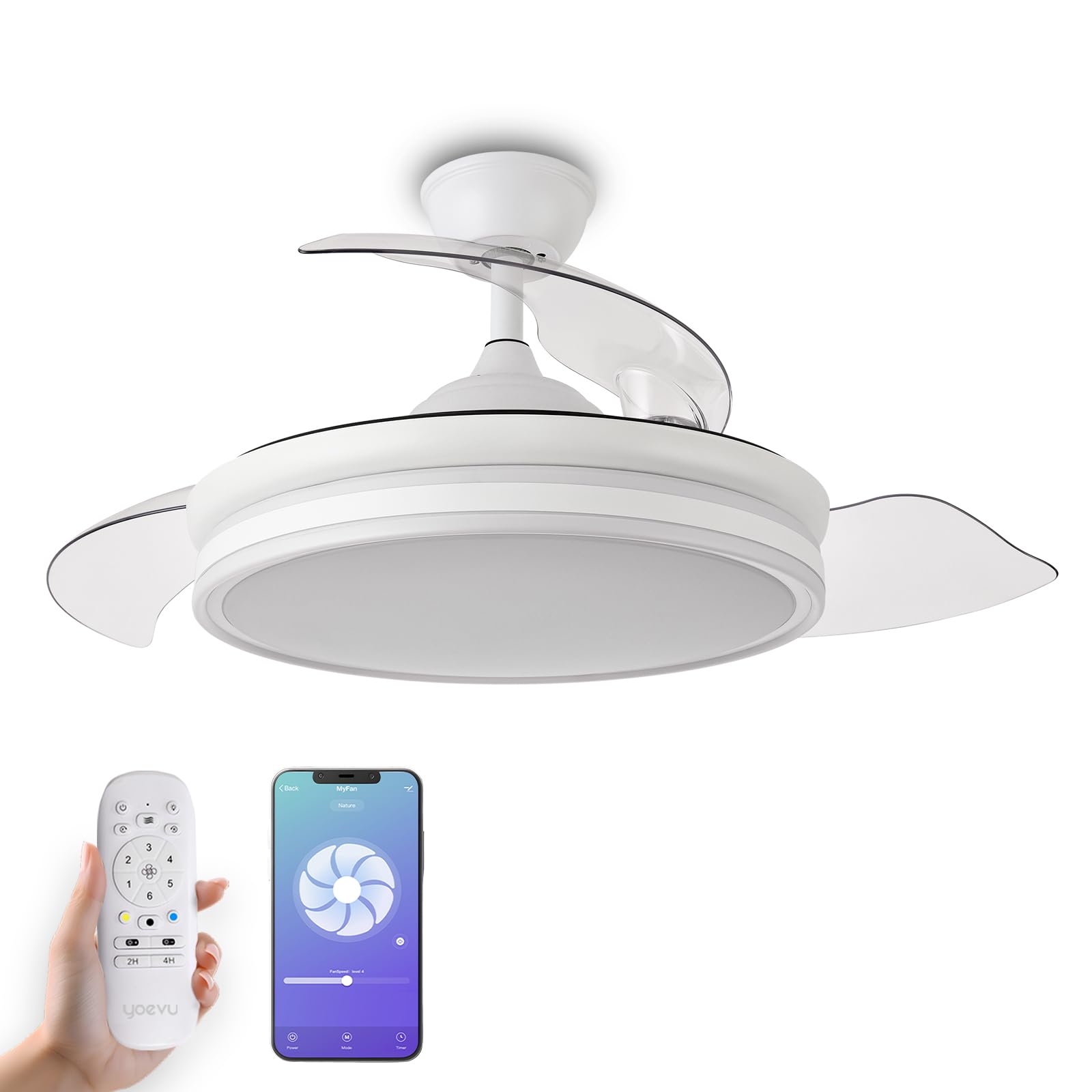 YOEVU ESPARTAN MINI - Ventilador de techo con luz led | Motor DC | Compatible con ALEXA | Aspas retractiles, 3 tonalidades | 6 velocidades | Función verano-invierno (ESPARTAN MINI)