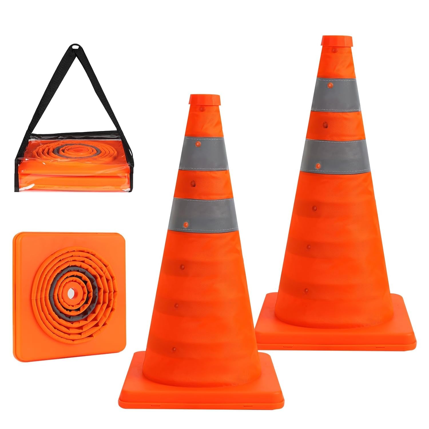 2 Pack 18''/45cm Collapsible Traffic Safety Cones, Multi Purpose Pop-up Cones with Reflective Collar for Road Safety, Orange Cones for Driving Training, Parking Lots